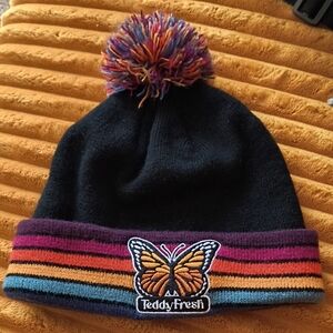 Teddy Fresh Kids Black Beanie with Multicolor Pom & Striped Cuff